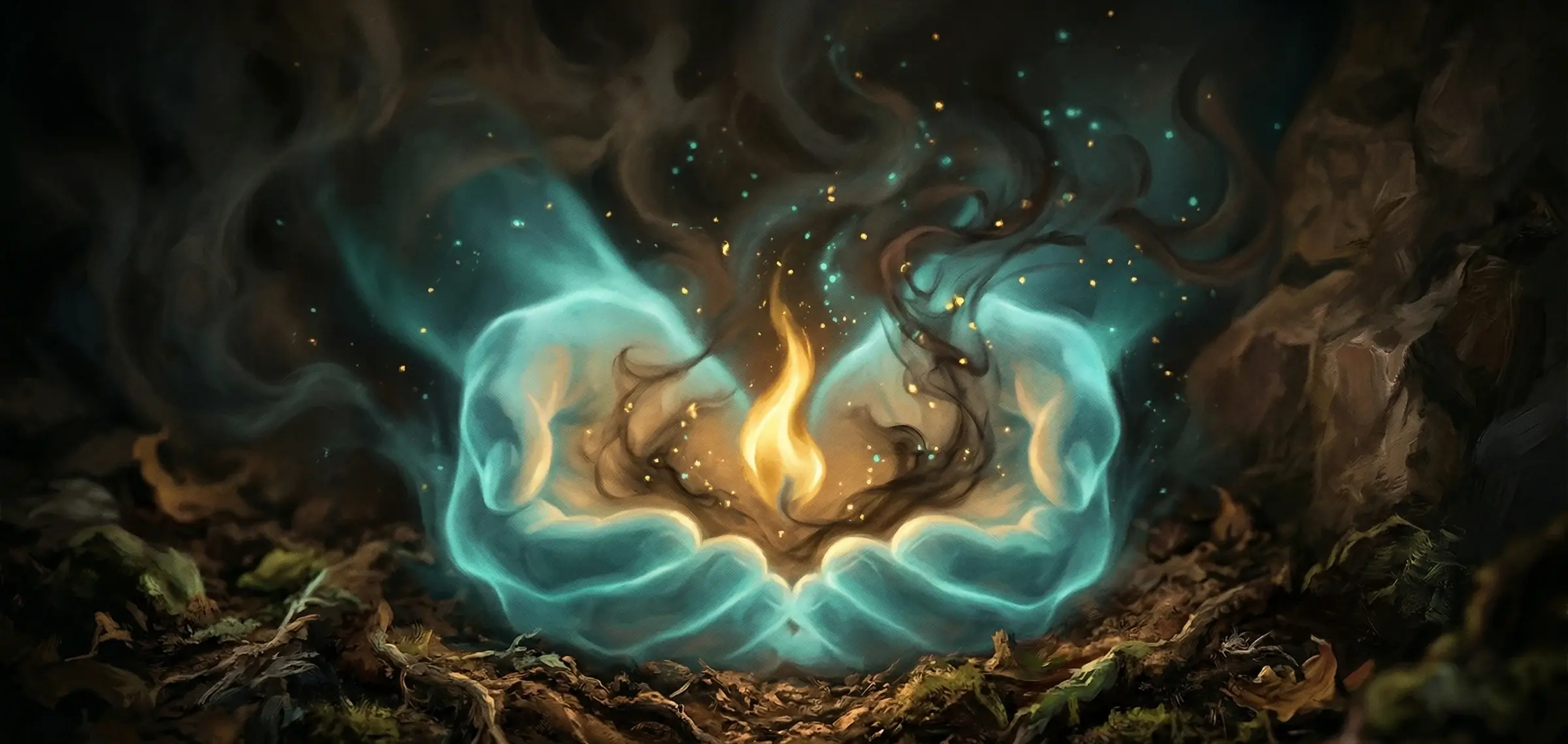 Two cupped hands gently holding a glowing teal and gold flame on a mossy forest floor — a visual metaphor for the careful, nurturing attention a well-designed meditation app provides to someone managing anxiety.