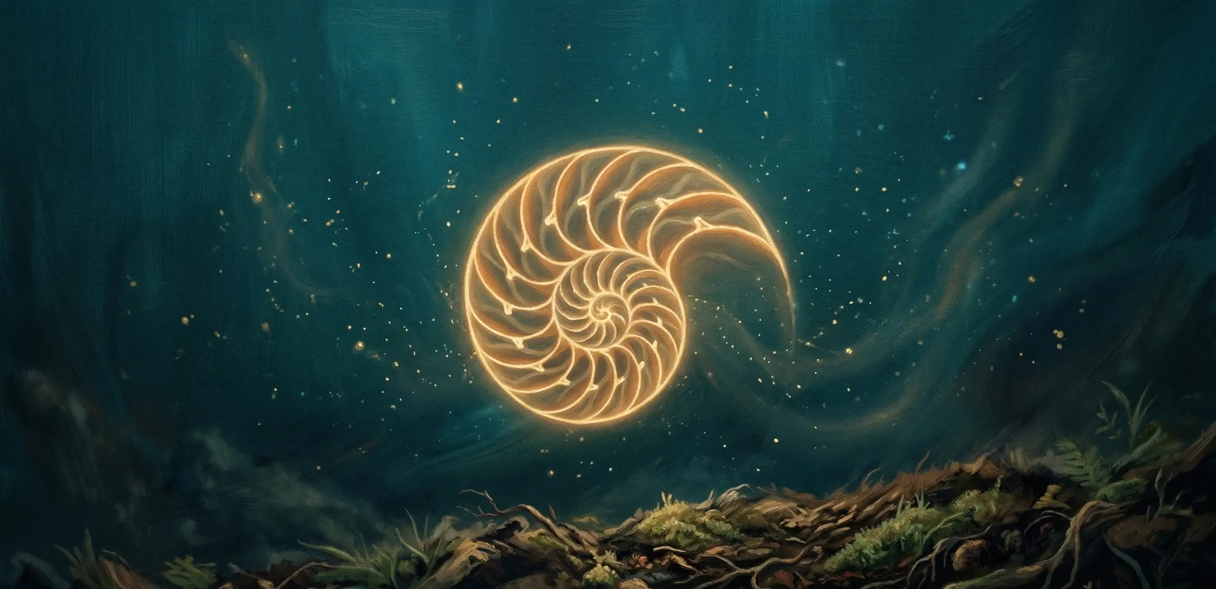 A glowing golden nautilus shell suspended in deep teal underwater light, surrounded by floating luminous particles — a visual metaphor for the spiral descent into deep, restorative sleep that guided meditation facilitates.