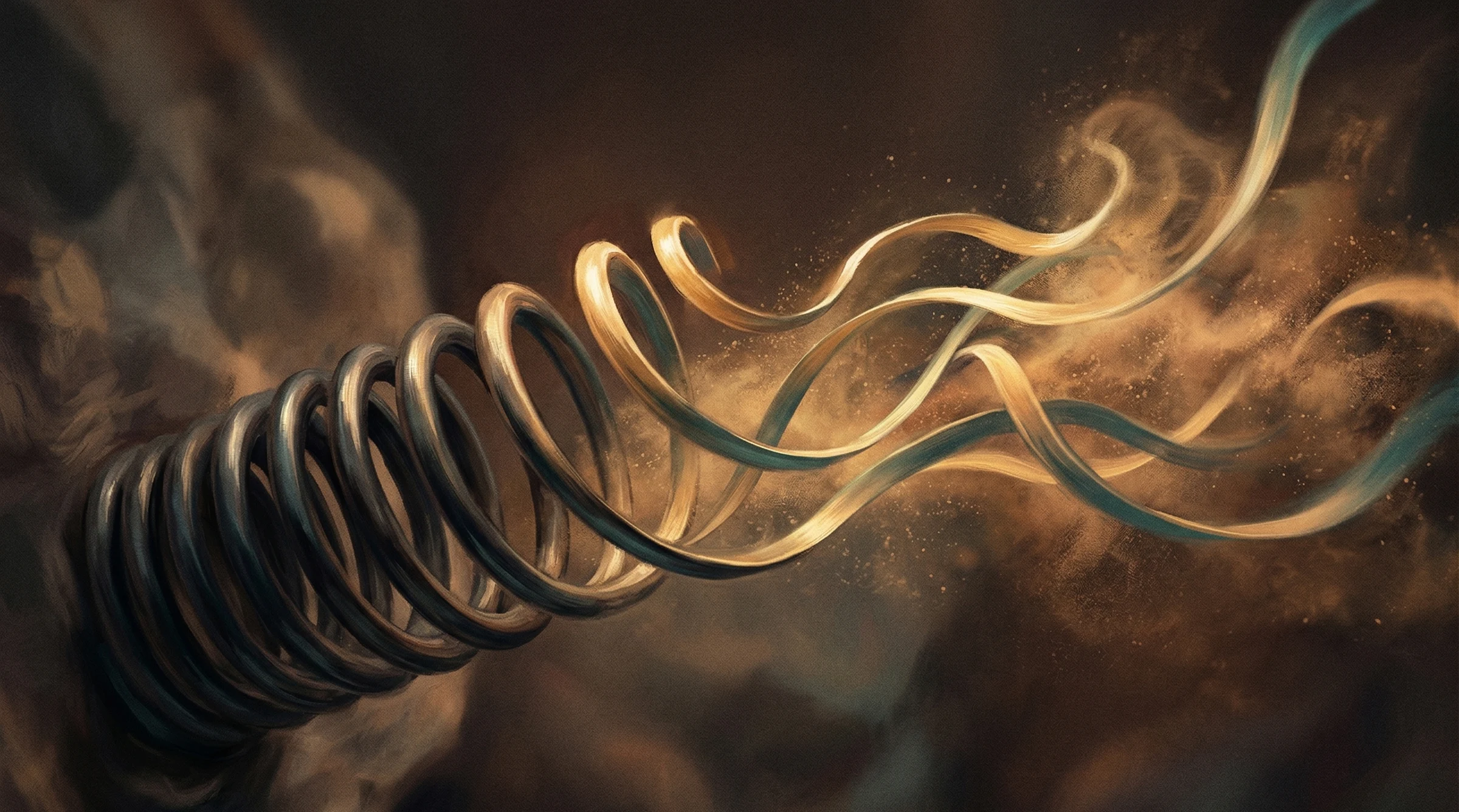 A tightly wound dark coil slowly releasing into flowing ribbons of honey-gold and twilight teal light — a visual metaphor for stress unwinding through Loam's somatic meditation and breathwork sessions.