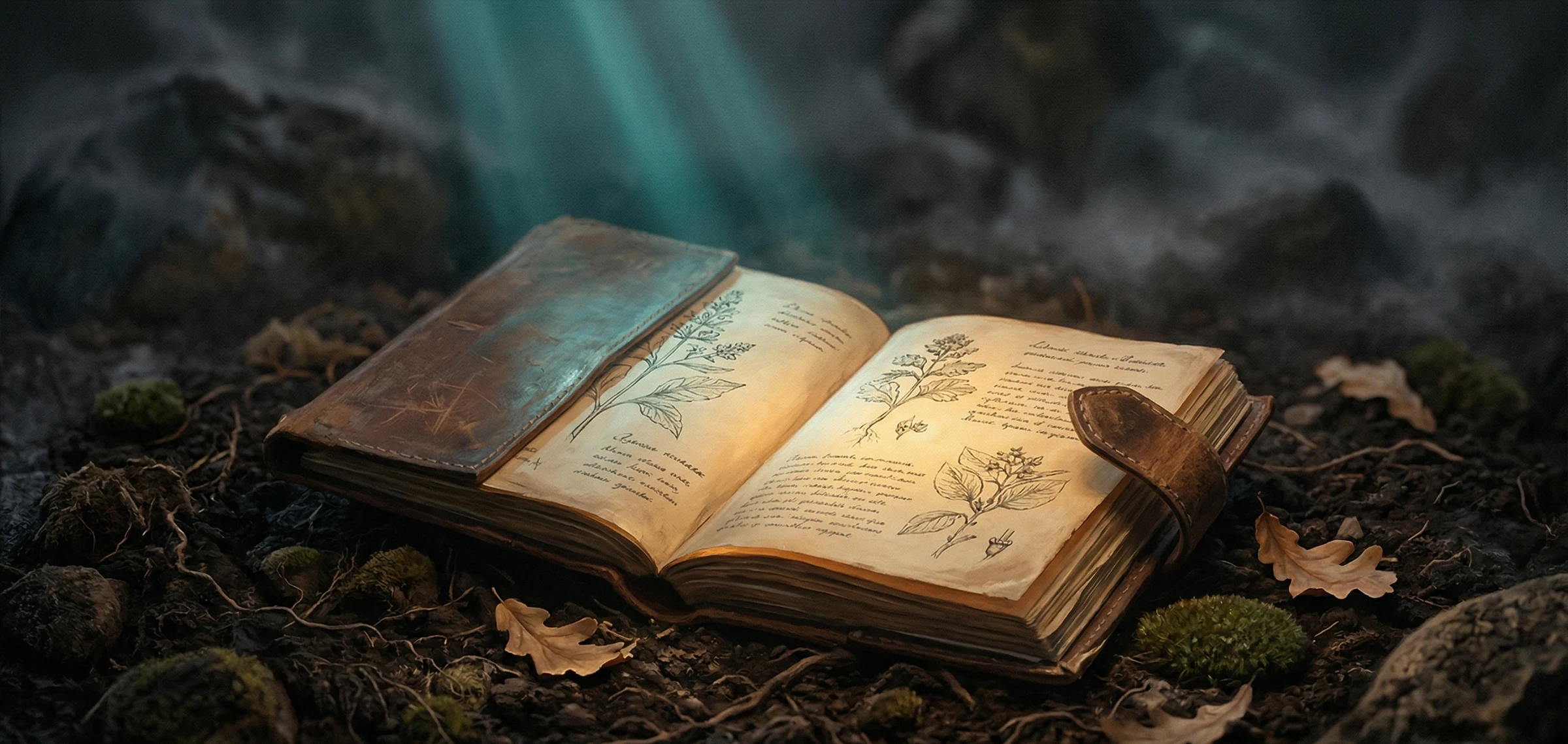 A weathered leather journal open on dark loam soil, its pages glowing with warm honey-gold light from within, surrounded by moss and dried leaves with a shaft of twilight teal light falling from above — representing the science and evidence behind Loam's meditation approach.