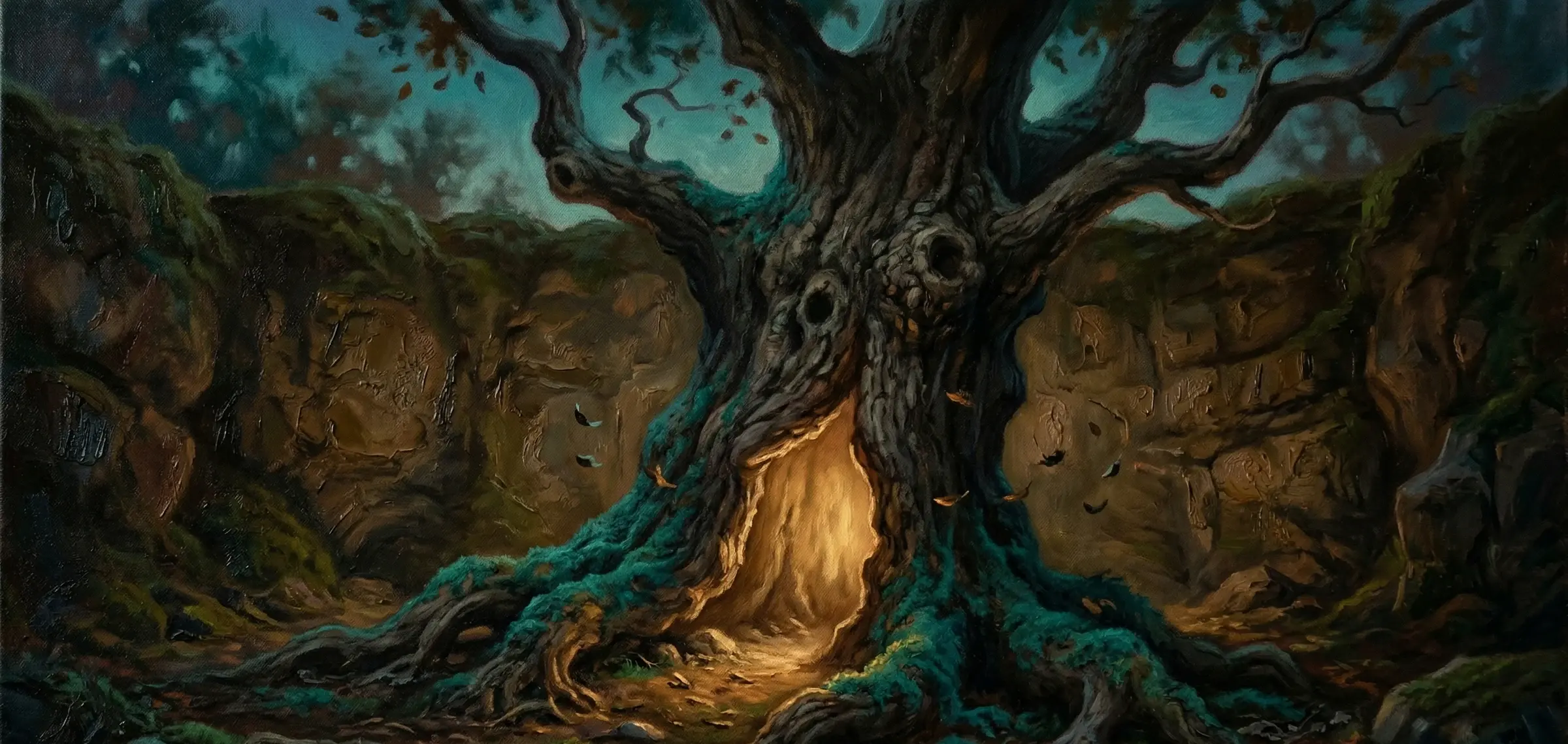 An ancient gnarled tree growing from rich loam earth, its massive trunk split open to reveal a warm honey-gold hollow glowing from within, twilight teal moss clinging to the spreading roots — a visual metaphor for Sage: ancient, patient, always illuminated from within.