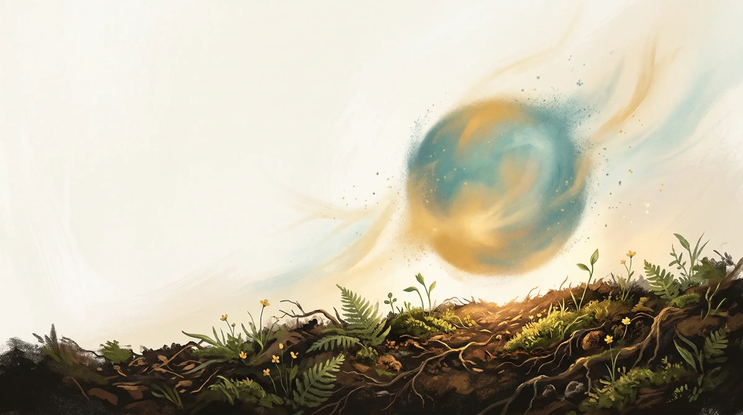 Loam's personalized meditation composer visualized as a warm glowing orb of golden and twilight teal light hovering above rich dark loam earth — a session shaped in real time for how you feel right now.